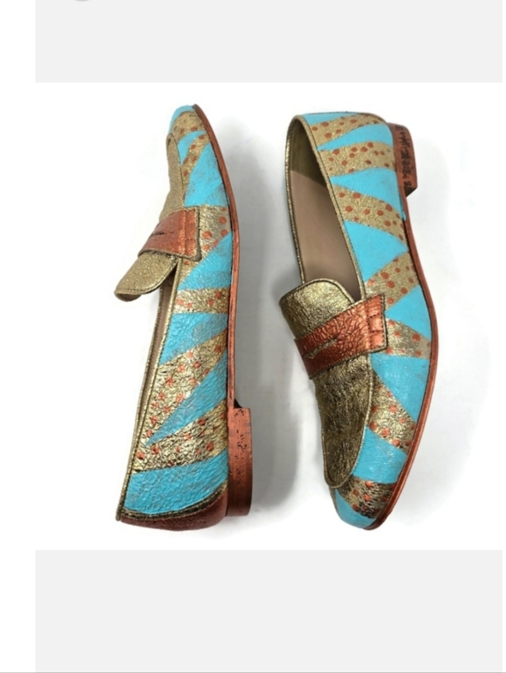 One Of A Kind Hand Painted Crinkle Gold Penny Loafers J Crew Women's 8